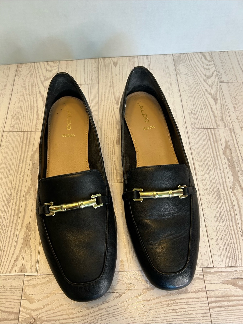 ALDO Black Leather Loafers with Gold Bit Accent